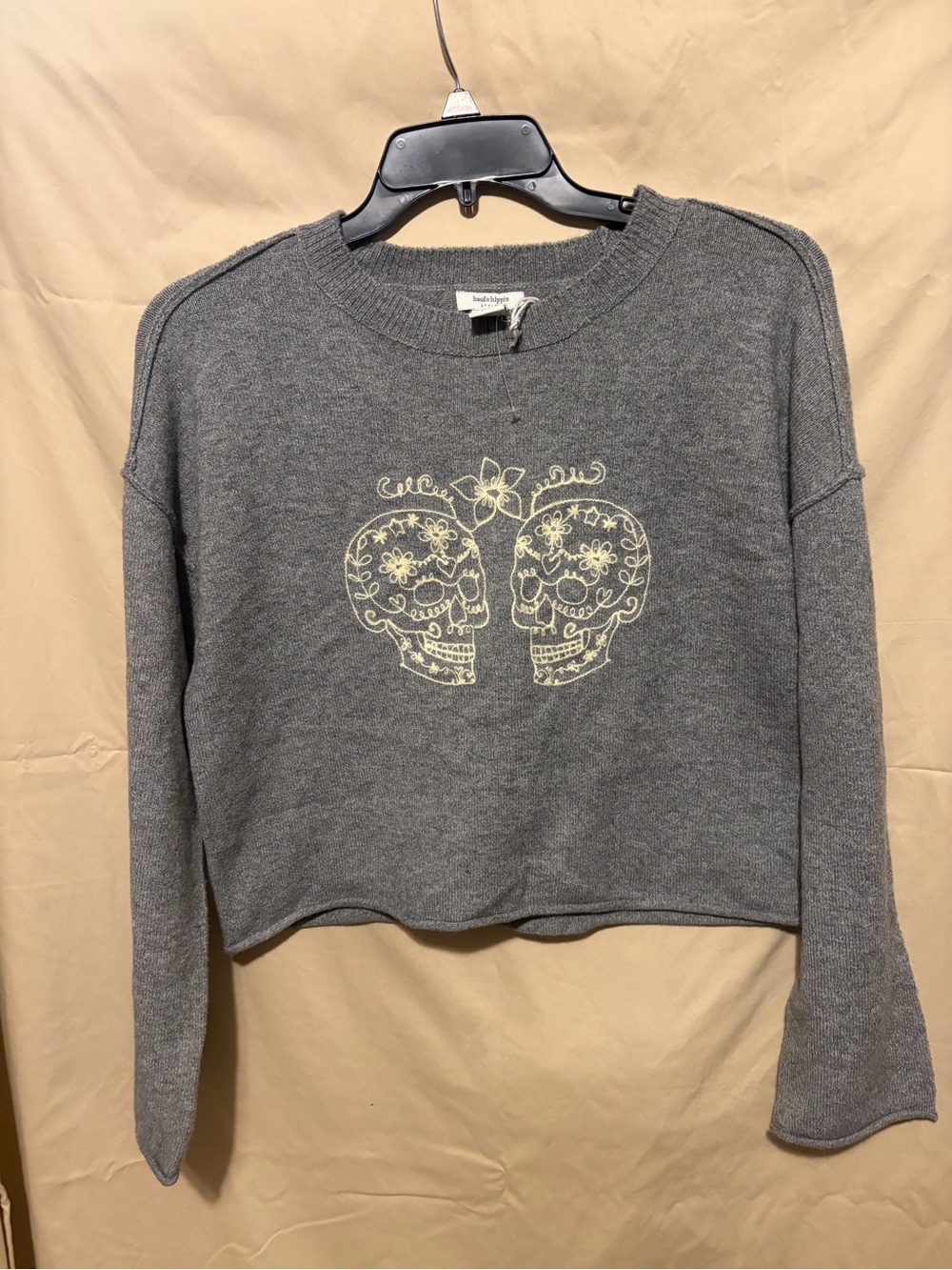 Haute Hippie Gray Crewneck with Cream Skull Motif